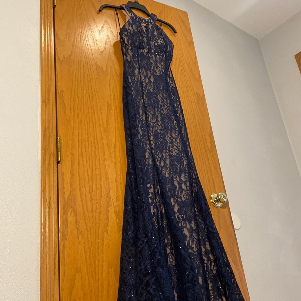 Nightway maxi dress, navy blue lace & nude, size 4